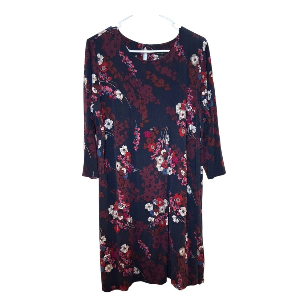 J Jill Dress Women's XL Navy Floral 3/4 Sleeve Midi Wearever Collection Round